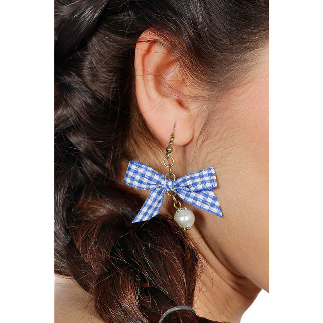 Feestbazaar Oorbellen Dirndl Parel Met Geruit Strikje Blauw