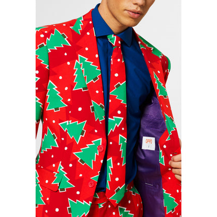 Feestbazaar Opposuits Maatpak Rood Met Kerstbomen