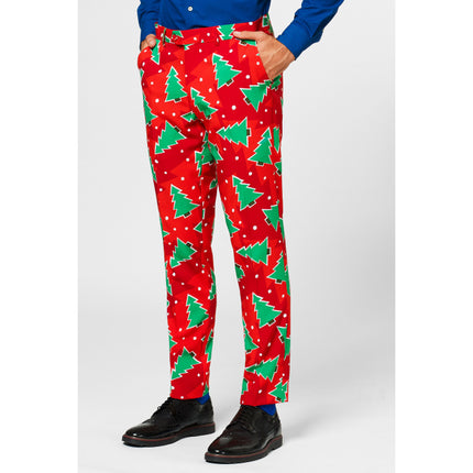 Feestbazaar Opposuits Maatpak Rood Met Kerstbomen