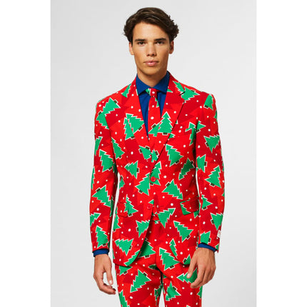 Feestbazaar Opposuits Maatpak Rood Met Kerstbomen
