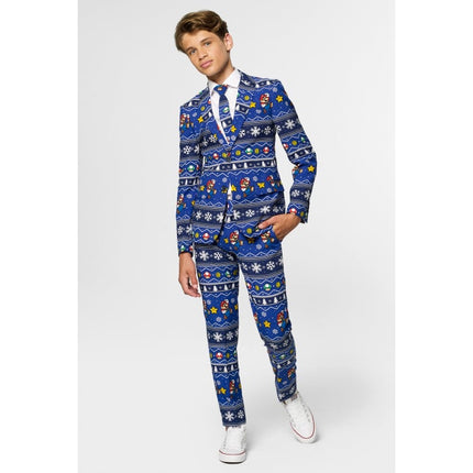 Feestbazaar Opposuits Maatpak Tiener Jongens Kerst Super Mario Blauw