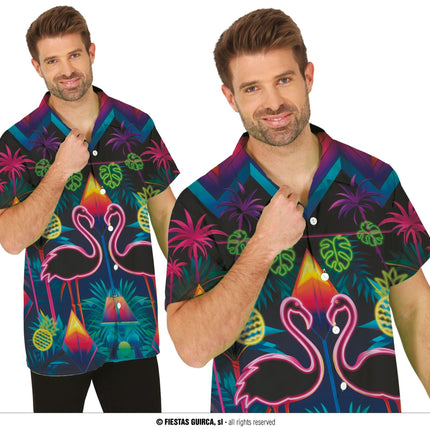 Feestbazaar Overhemd Flamingo Neon Tropisch Korte Mouw