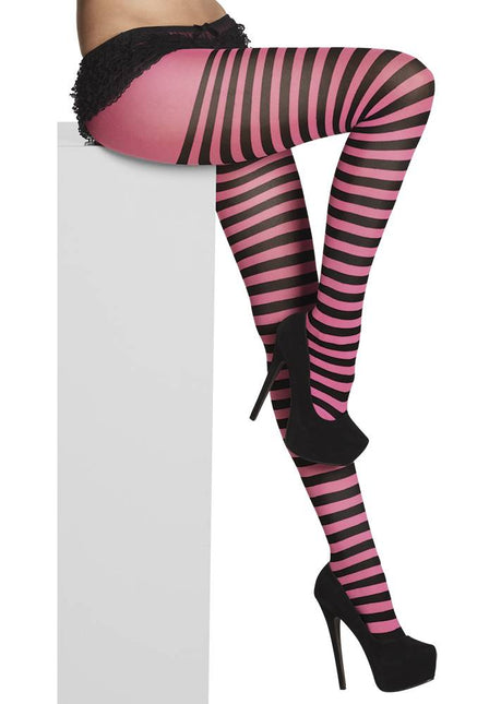 Feestbazaar Panty roze/zwart gestreept