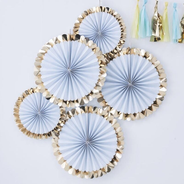 Feestbazaar Paper fans lichtblauw goud pastel (5st)