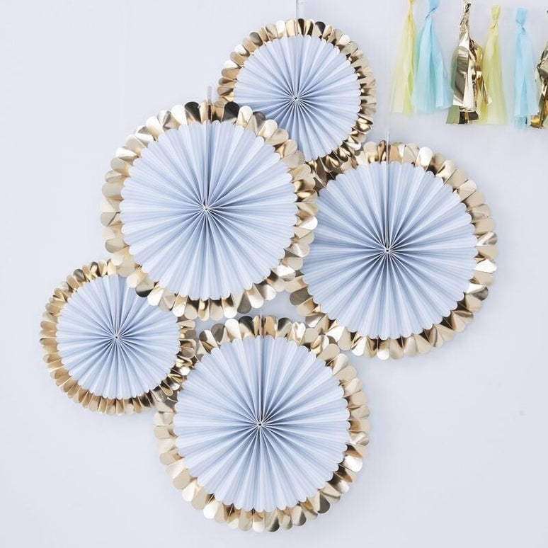 Feestbazaar Paper fans lichtblauw goud pastel (5st)