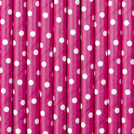 Feestbazaar Papieren Rietjes Donker Roze Met Witte Stippen (10st)
