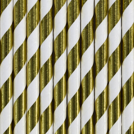 Feestbazaar Papieren Rietjes Goud/Wit Gestreept (10st)