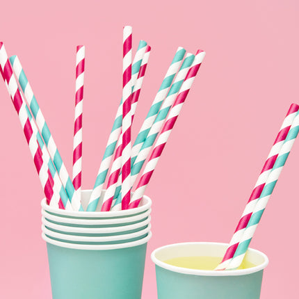 Feestbazaar Papieren rietjes Pink/Wit gestreept 10 stuks