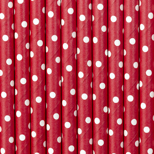 Feestbazaar Papieren Rietjes Rood Met Witte Stippen (10st)