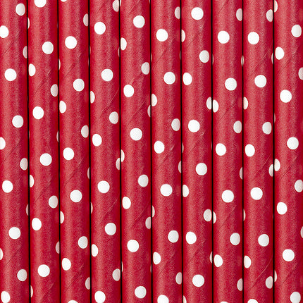Feestbazaar Papieren Rietjes Rood Met Witte Stippen (10st)