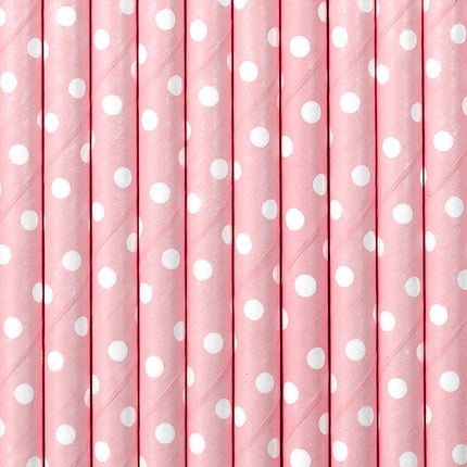 Feestbazaar Papieren rietjes roze met witte stipjes 10 stuks