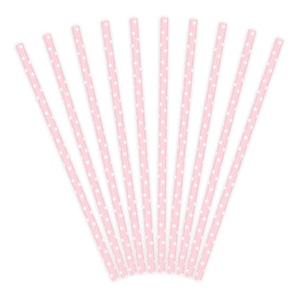Feestbazaar Papieren rietjes roze met witte stipjes 10 stuks