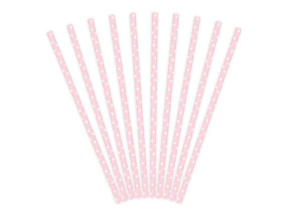 Feestbazaar Papieren rietjes roze met witte stipjes 10 stuks