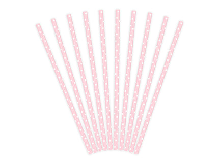Feestbazaar Papieren rietjes roze met witte stipjes 10 stuks