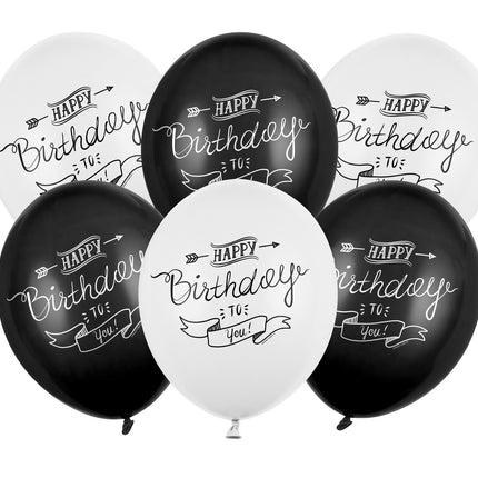 Feestbazaar Pastel Ballonnen Set Happy Birthday Zwart/Wit (6st)