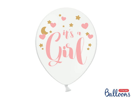 Feestbazaar Pastel Puur Witte Ballonnen It's A Girl Pink/Goud (6st)