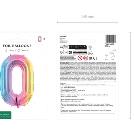 Feestbazaar Pastel Regenboog Folieballon Cijfer 0 (86cm)