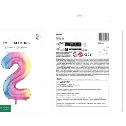Feestbazaar Pastel Regenboog Folieballon Cijfer 2 (86cm)