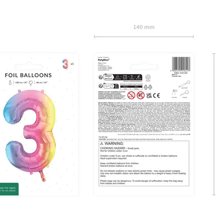 Feestbazaar Pastel Regenboog Folieballon Cijfer 3 (86cm)