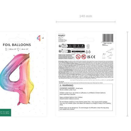 Feestbazaar Pastel Regenboog Folieballon Cijfer 4 (86cm)