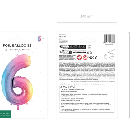 Feestbazaar Pastel Regenboog Folieballon Cijfer 6 (86cm)