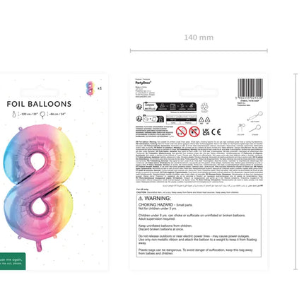 Feestbazaar Pastel Regenboog Folieballon Cijfer 8 (86cm)