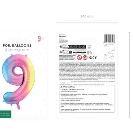 Feestbazaar Pastel Regenboog Folieballon Cijfer 9 (86cm)