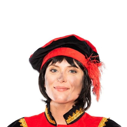 Feestbazaar Pietbaret fluweel met veer rood/zwart