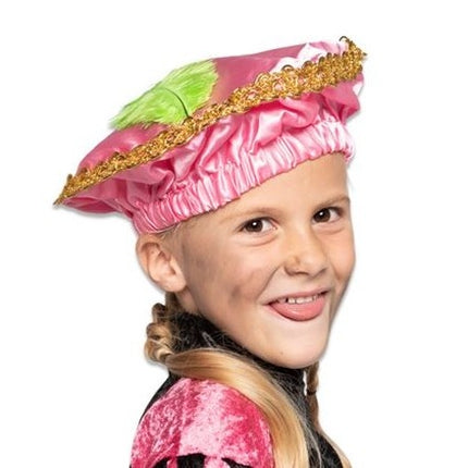 Feestbazaar Pietbaret satijn roze met veer