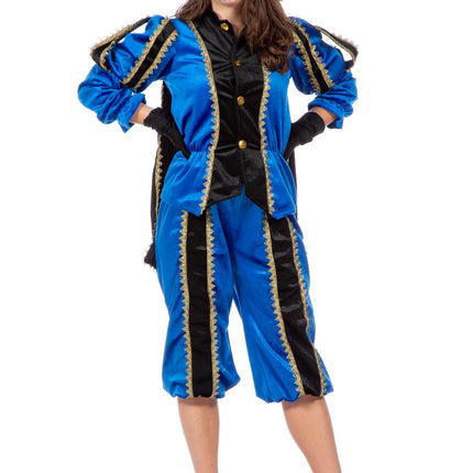 Feestbazaar Pieten pak vrouw imitatie fluweel blauw/zwart