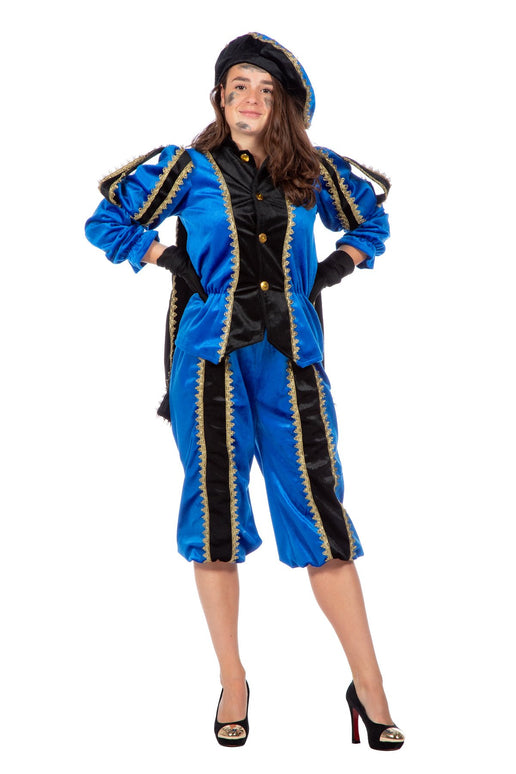 Feestbazaar Pieten pak vrouw imitatie fluweel blauw/zwart