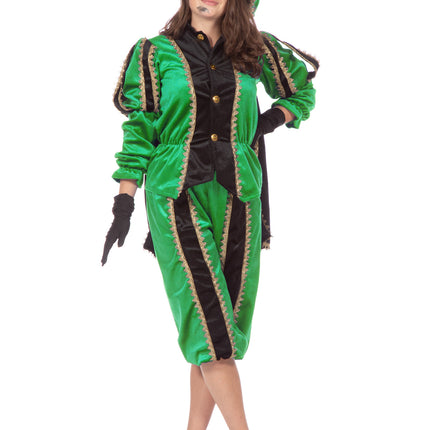 Feestbazaar Pieten pak vrouw imitatie fluweel groen/zwart