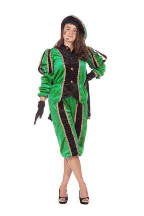 Feestbazaar Pieten pak vrouw imitatie fluweel groen/zwart