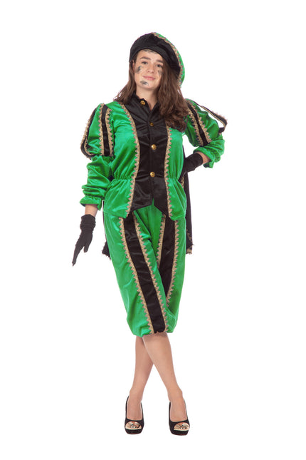 Feestbazaar Pieten pak vrouw imitatie fluweel groen/zwart