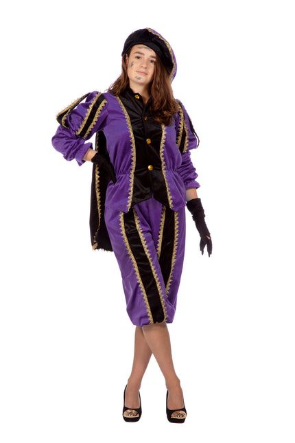 Feestbazaar Pieten pak vrouw imitatie fluweel paars/zwart