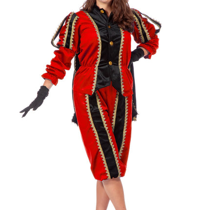 Feestbazaar Pieten pak vrouw imitatie fluweel rood/zwart