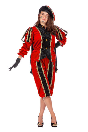Feestbazaar Pieten pak vrouw imitatie fluweel rood/zwart