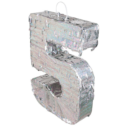 Feestbazaar Piñata cijfer 5 holografisch zilver (40x28cm)