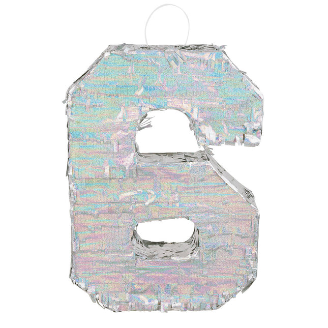Feestbazaar Piñata cijfer 6 holografisch zilver (40x28cm)