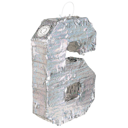 Feestbazaar Piñata cijfer 6 holografisch zilver (40x28cm)