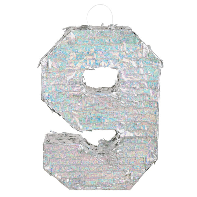 Feestbazaar Piñata cijfer 9 holografisch zilver (40x28cm)