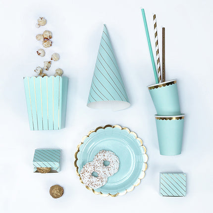 Feestbazaar Popcornbakjes Strepen Lichtblauw/Goud (6st)
