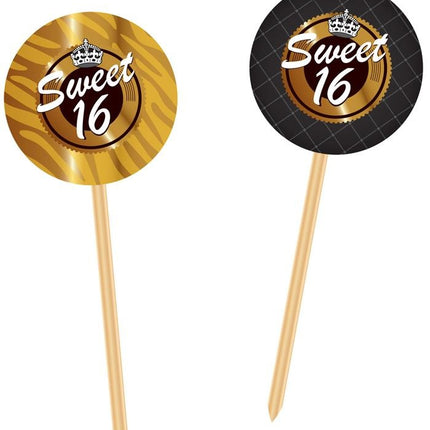Feestbazaar Prikkers Sweet 16 Goud/Zwart - 20 Stuks