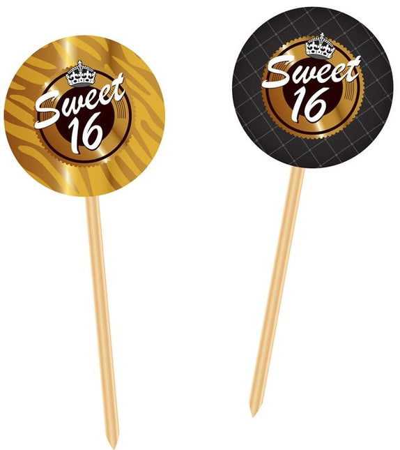 Feestbazaar Prikkers Sweet 16 Goud/Zwart - 20 Stuks