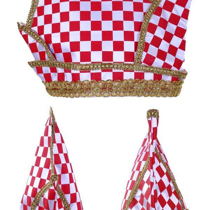 Feestbazaar Prinsenmuts rood/wit geblokt goud galon