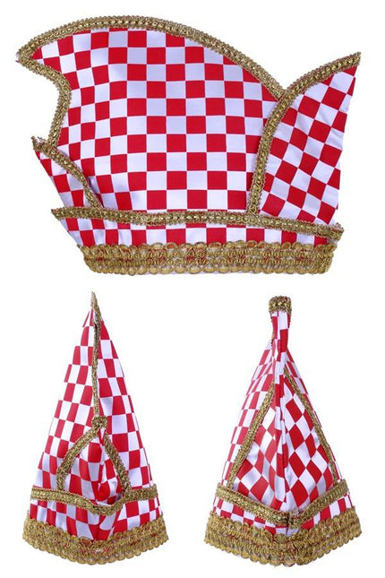 Feestbazaar Prinsenmuts rood/wit geblokt goud galon