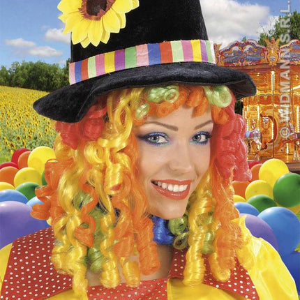 Feestbazaar Pruik Clownshoed met bloem en lokken