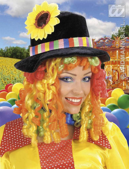 Feestbazaar Pruik Clownshoed met bloem en lokken