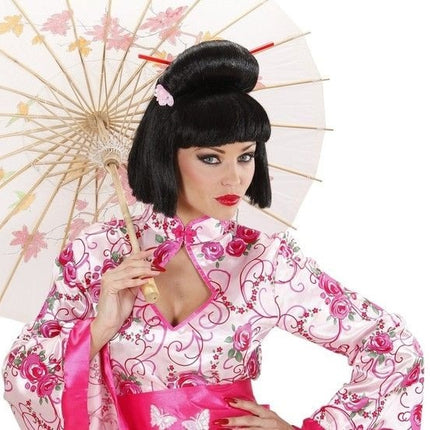 Feestbazaar Pruik Geisha met Bloem en Chopsticks