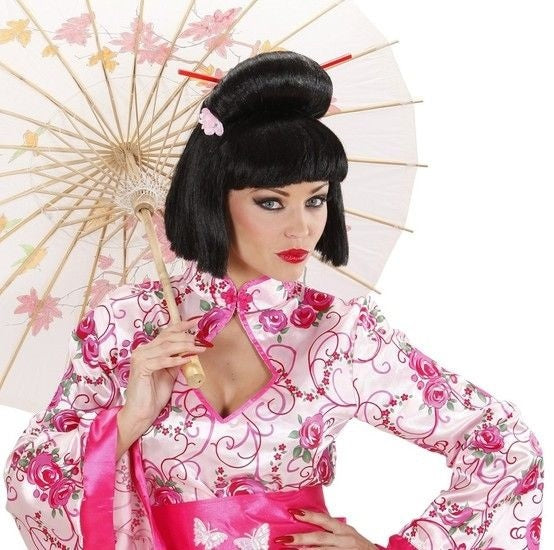 Feestbazaar Pruik Geisha met Bloem en Chopsticks